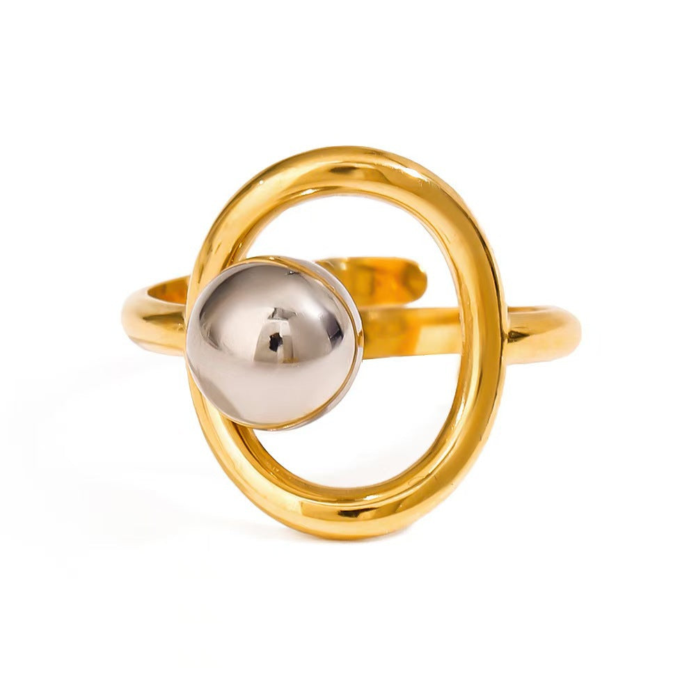European and American stainless steel gold and silver color matching steel ball open ring French niche design personalized titanium steel cross-border hot sale