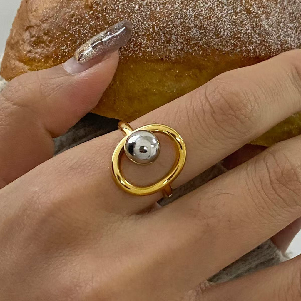 European and American stainless steel gold and silver color matching steel ball open ring French niche design personalized titanium steel cross-border hot sale