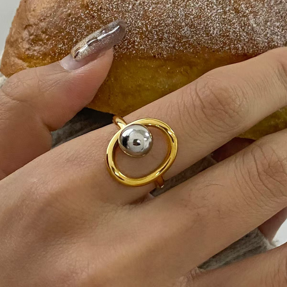 European and American stainless steel gold and silver color matching steel ball open ring French niche design personalized titanium steel cross-border hot sale