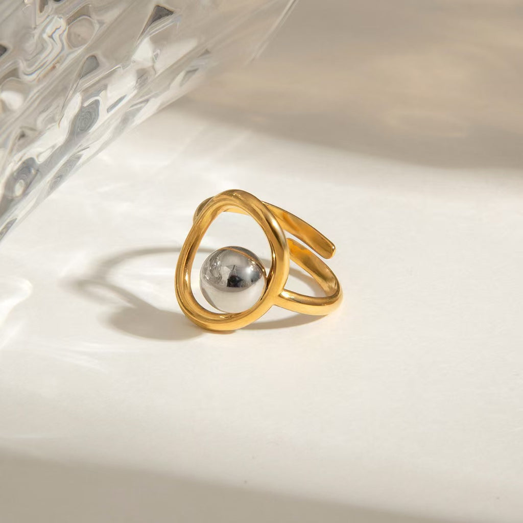 European and American stainless steel gold and silver color matching steel ball open ring French niche design personalized titanium steel cross-border hot sale