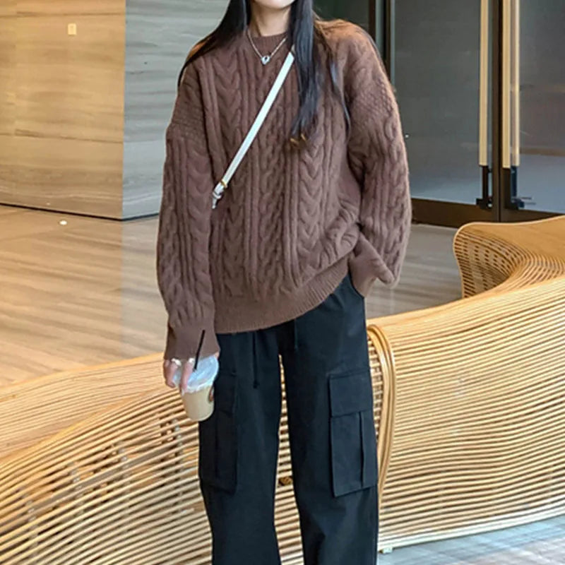 Autumn Winter Thicken Warm Pullover Sweater Women Vintage Loose Twist Knitted Jumper Woman All-Match O-Neck Long Sleeve Pullover
