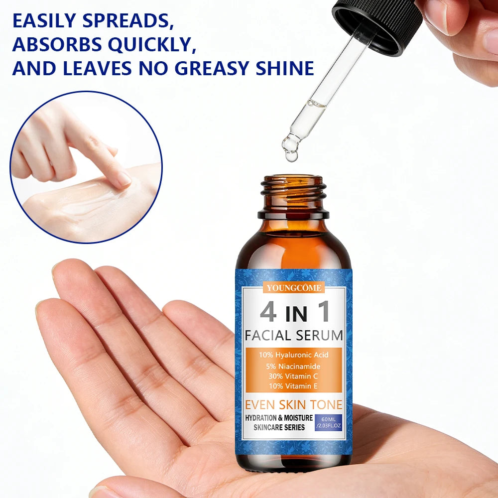 Facial Serum 4-in-1 Hydrating Skin Care with Vitamin C, Hyaluronic Acid,Niacinamide&Vitamin E-Daily Moisturizing Serum for Even