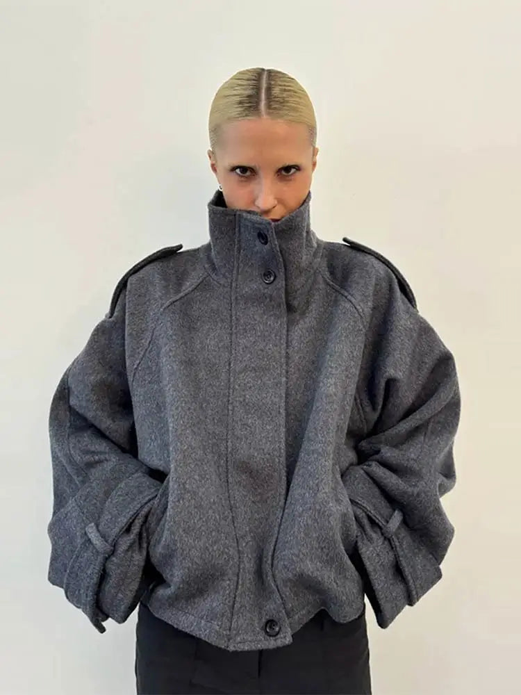 Collarless Belt Jacket Coat Lace-up Minimalism Beige Gentle Short Woolen Overcoat Waist Cinching Women Autumn Winter Overcoat