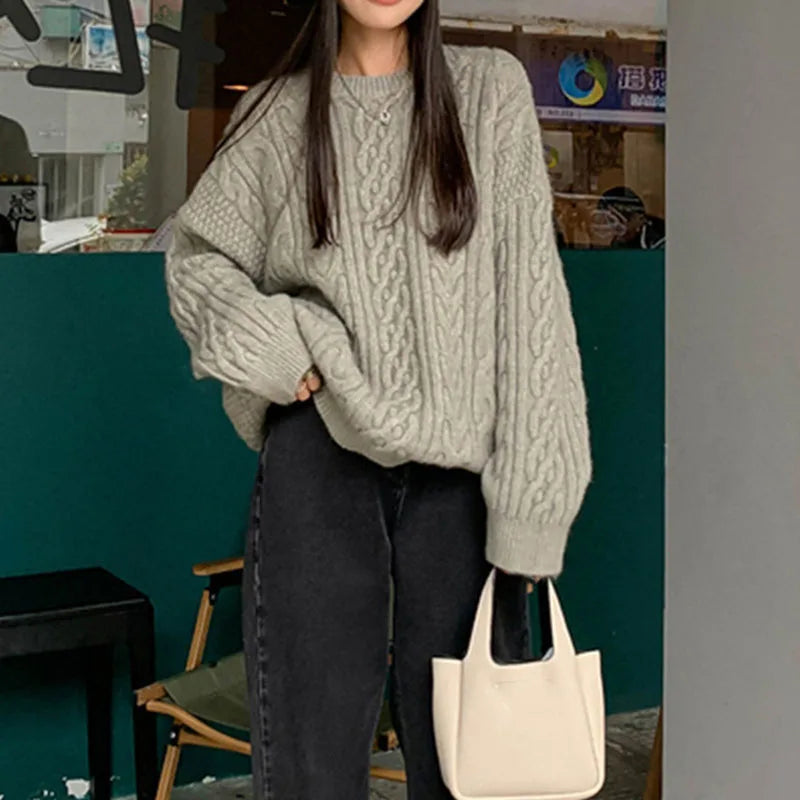 Autumn Winter Thicken Warm Pullover Sweater Women Vintage Loose Twist Knitted Jumper Woman All-Match O-Neck Long Sleeve Pullover