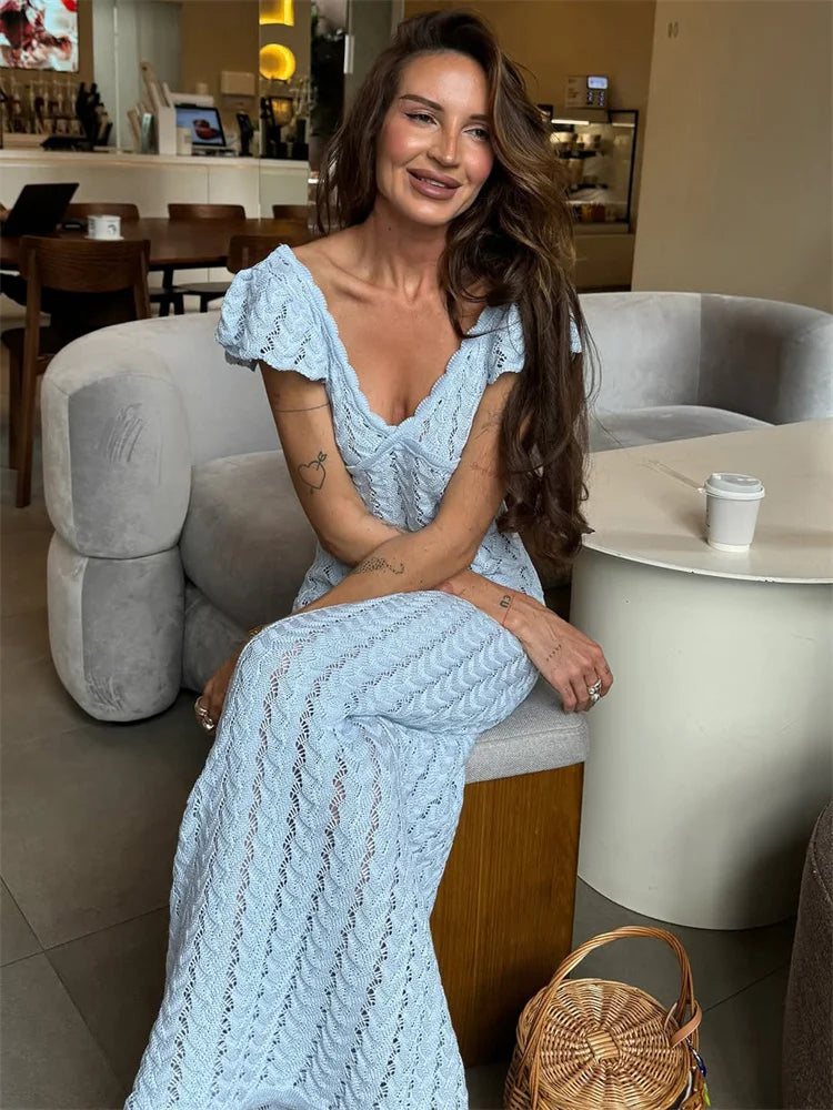 Tossy Ruffled Hollow Out Knit Long Dress Women V-Neck Fashion Patchwork See-Through Beach Holiday Dress Knitwear Female Dress