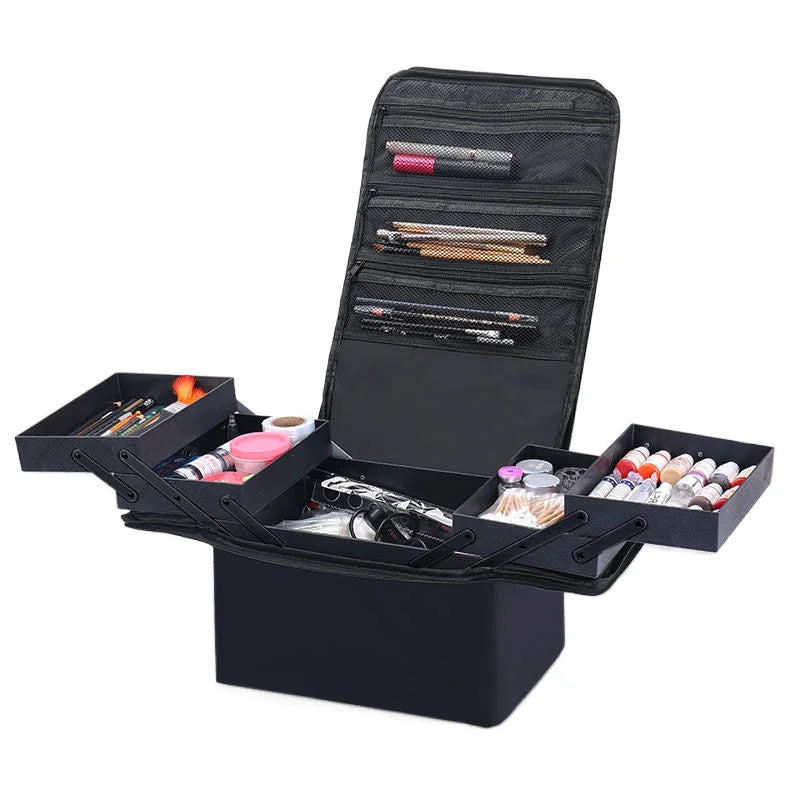 Large Capacity Makeup Train Case Foldable Multi-layer Adjustable Trays Manicurist Box Portable Cosmetic Storage Nail Organizer