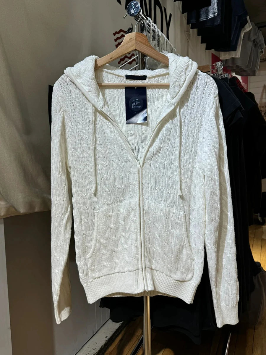 Twisted Flower Knitted Cardigan Sweater Women Autumn Long Sleeve Drawstring Hooded Zipper Streetwear Sweet Sweaters Coat Y2K Top