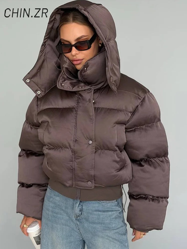 Casual Women's Puffy Cotton Coats Detachable Hood Drawstring Stand Collar Zipper Full Sleeve Coat 2026 Autumn Winter Down Jacket