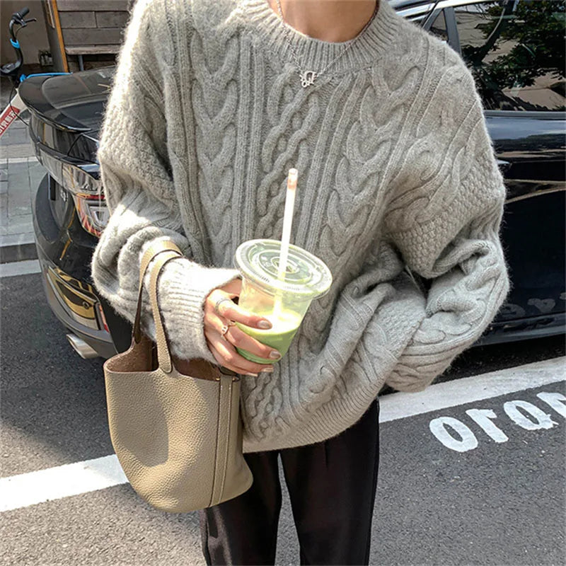 Autumn Winter Thicken Warm Pullover Sweater Women Vintage Loose Twist Knitted Jumper Woman All-Match O-Neck Long Sleeve Pullover