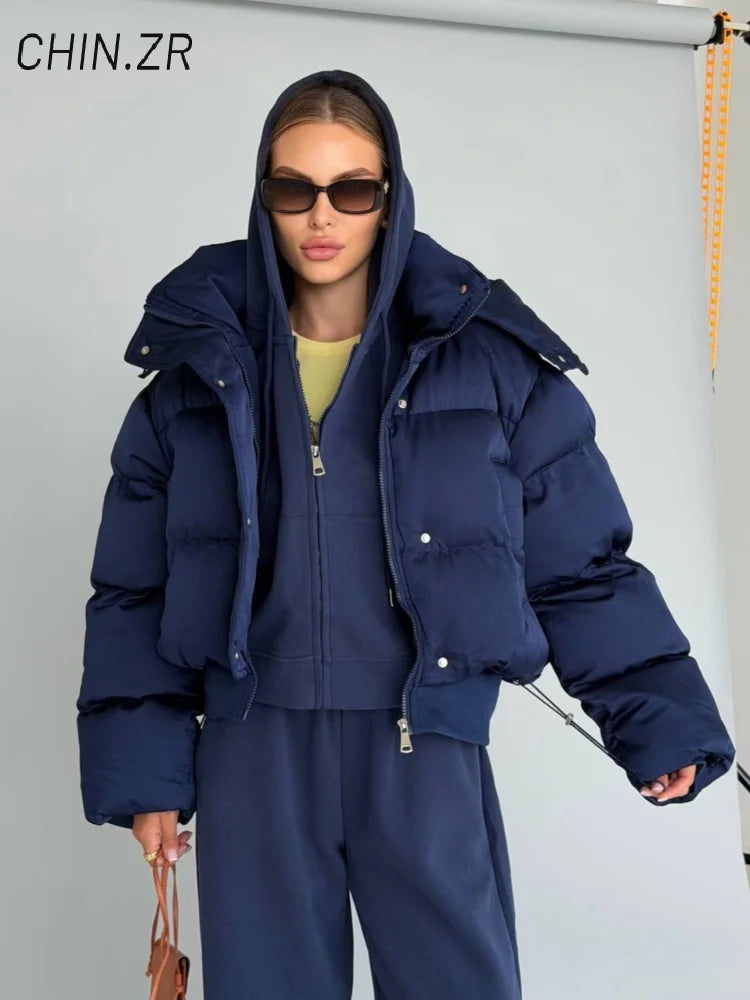 Casual Women's Puffy Cotton Coats Detachable Hood Drawstring Stand Collar Zipper Full Sleeve Coat 2026 Autumn Winter Down Jacket