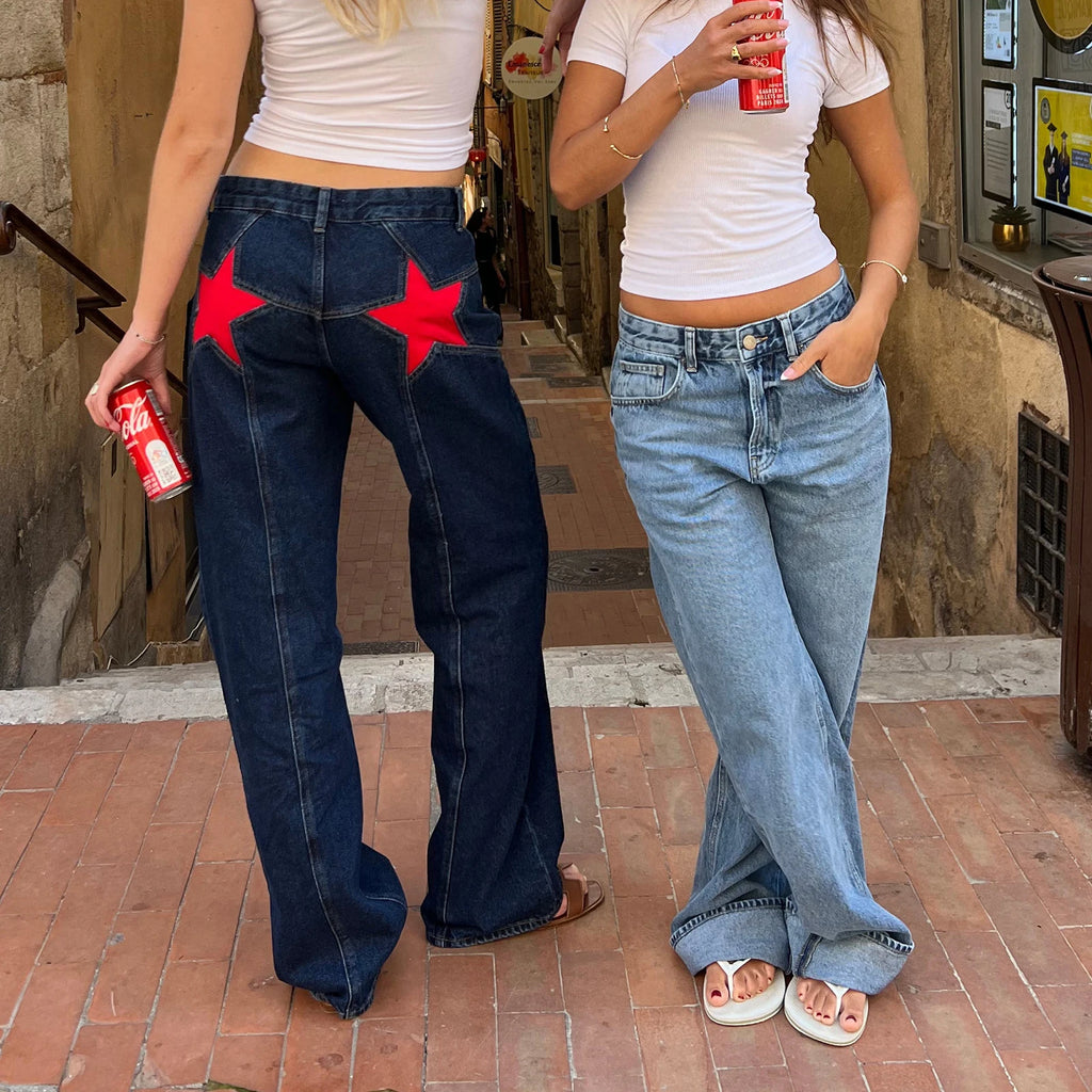 Women's Y2K Vintage Jeans Aesthetic Star Pattern Print Loose Straight Leg Denim Long Pants Casual Low Waist Trousers