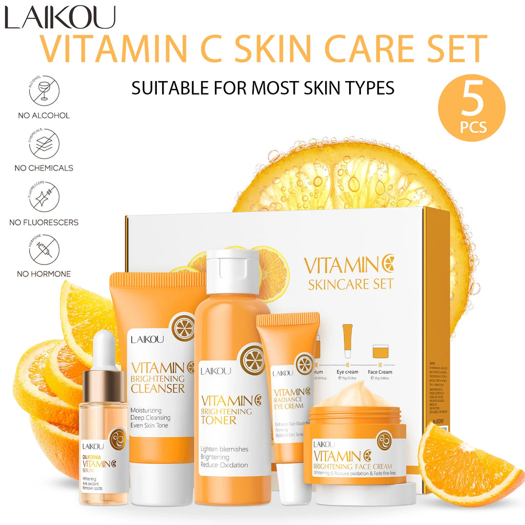 Vitamin C Skincare Set 5pcs(Cleanser-Toner-Serum-Eye Serum-Face Cream) + Natural Antioxidant Ingredients, Nourish Even Skin Tone
