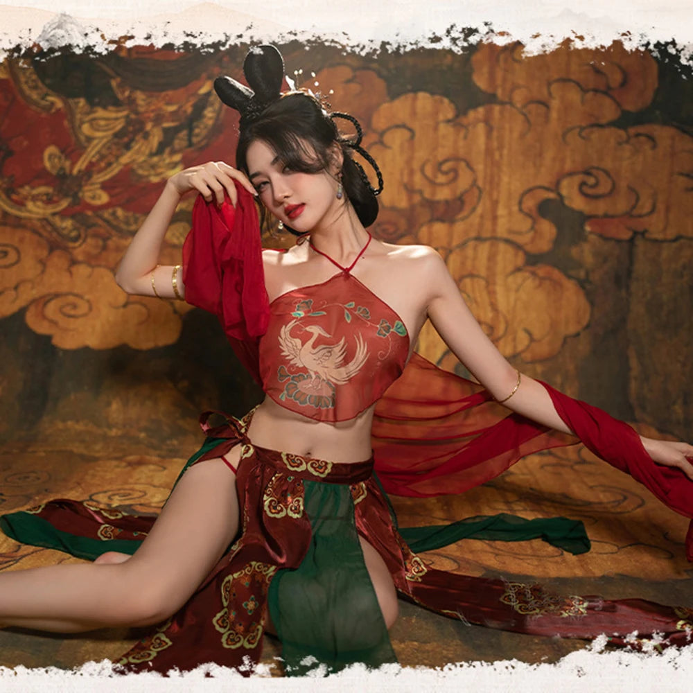 Chinese Ancient Costume Dunhuang Style Red Sexy Hanfu Women's Dance Dress Maid Uniform Bandage Bellyband Gauze Skirt Shawl Sets