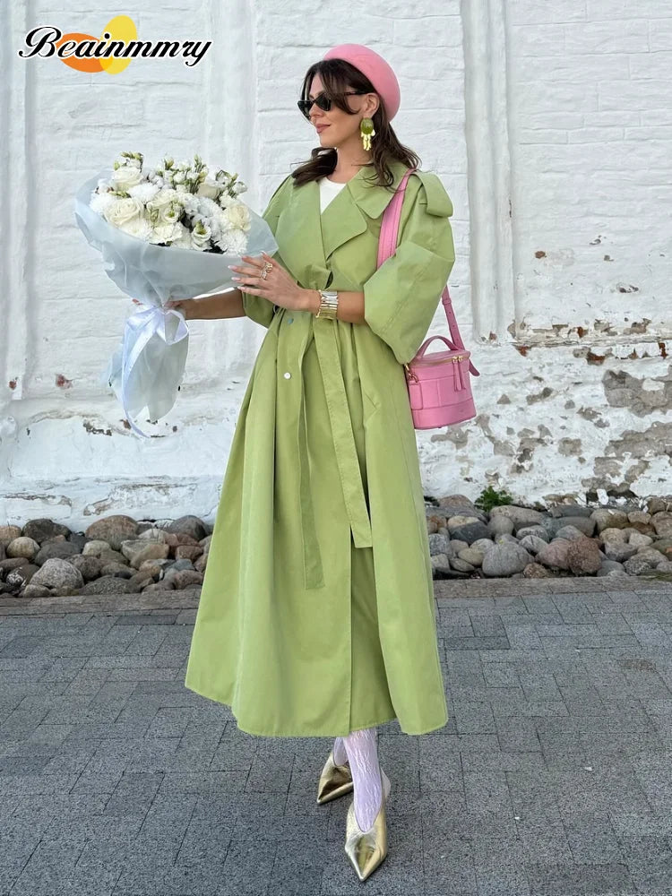 Women Green Oversized Belt Overcoat Elegant Long Sleeve Pleated Lapel Lace Up Windbreaker Autumn Lady Daily Street Outerwears