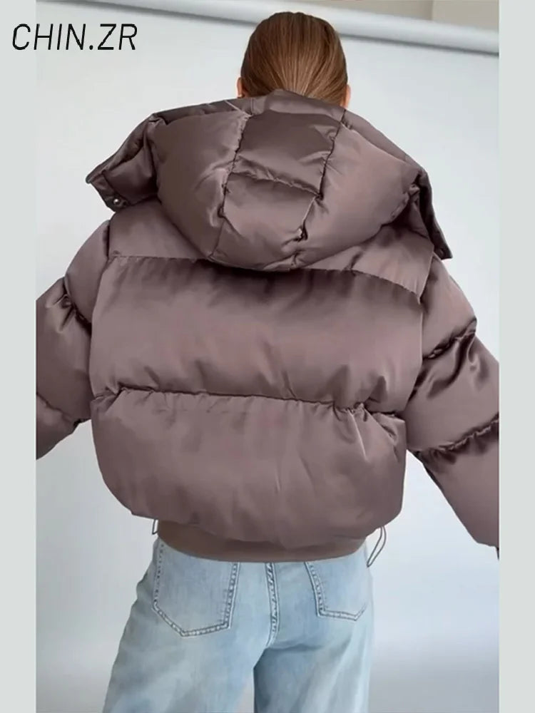 Casual Women's Puffy Cotton Coats Detachable Hood Drawstring Stand Collar Zipper Full Sleeve Coat 2026 Autumn Winter Down Jacket