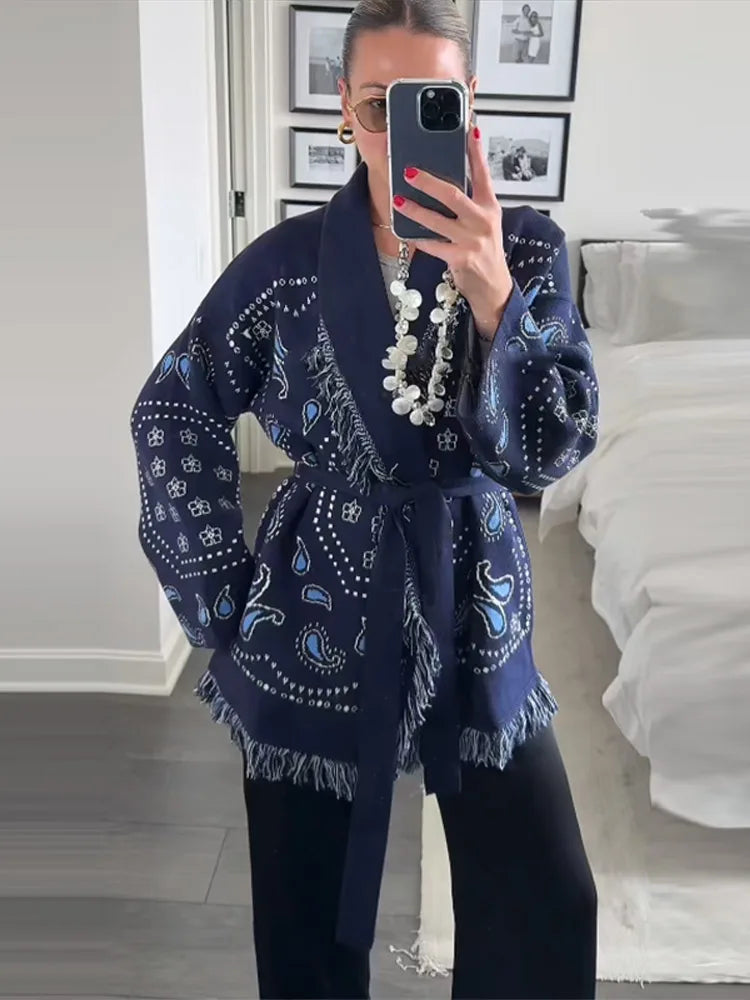 Casual Print Tassel Cardigan Women Elegant Belt V-neck Long Sleeve Knitted Sweaters Female 2026 Autumn Winter Knitwears Lady