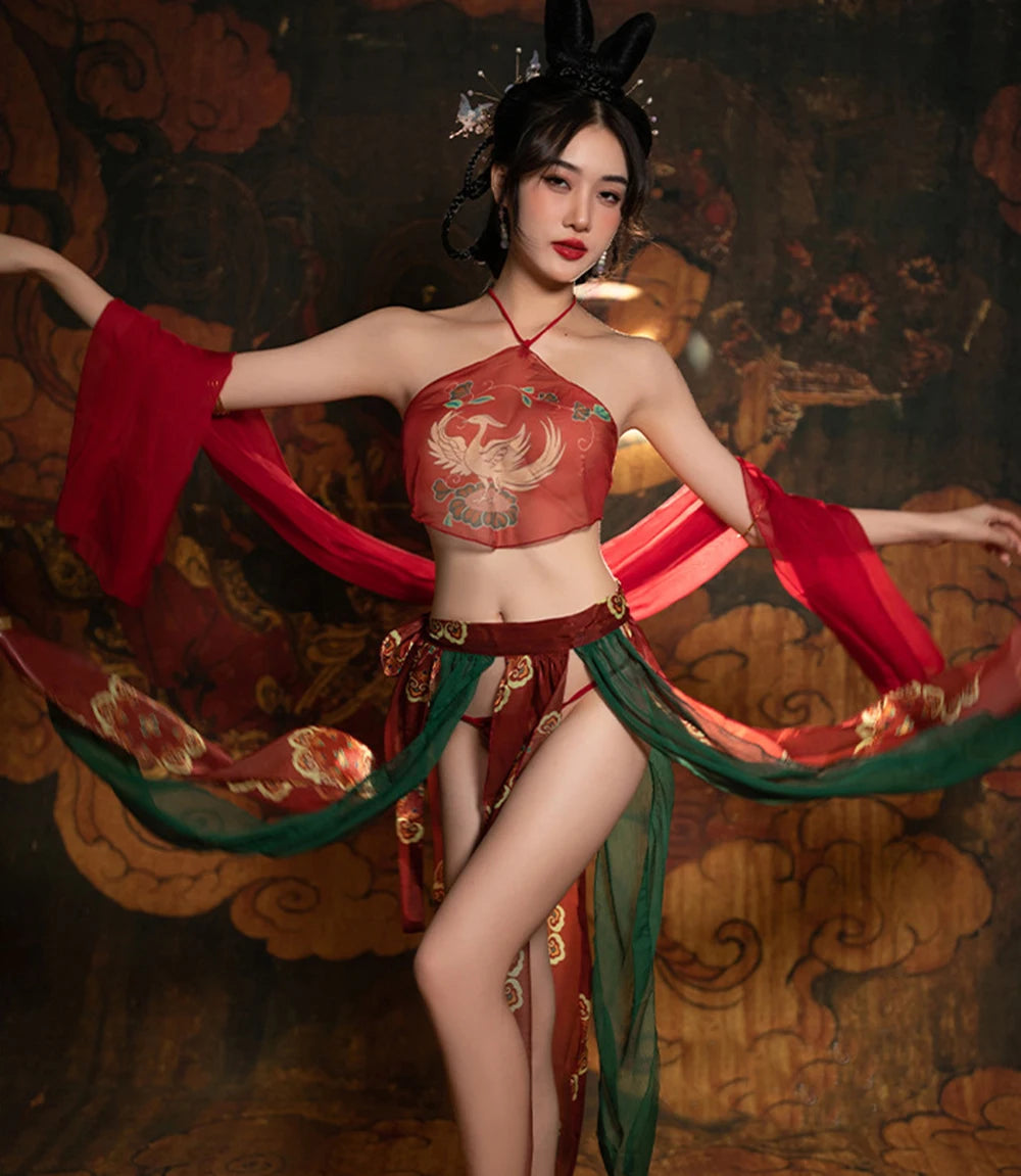 Chinese Ancient Costume Dunhuang Style Red Sexy Hanfu Women's Dance Dress Maid Uniform Bandage Bellyband Gauze Skirt Shawl Sets