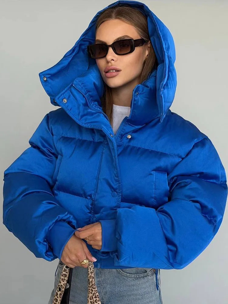 Casual Women's Puffy Cotton Coats Detachable Hood Drawstring Stand Collar Zipper Full Sleeve Coat 2026 Autumn Winter Down Jacket
