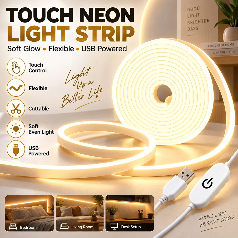 USB Touch Control Neon Light Strip Flexible Cuttable Soft Even Glow LED Neon Light For Desk Setup Home Ambient Decor Lighting