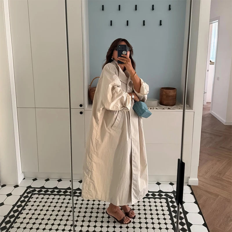 Women Green Oversized Belt Overcoat Elegant Long Sleeve Pleated Lapel Lace Up Windbreaker Autumn Lady Daily Street Outerwears