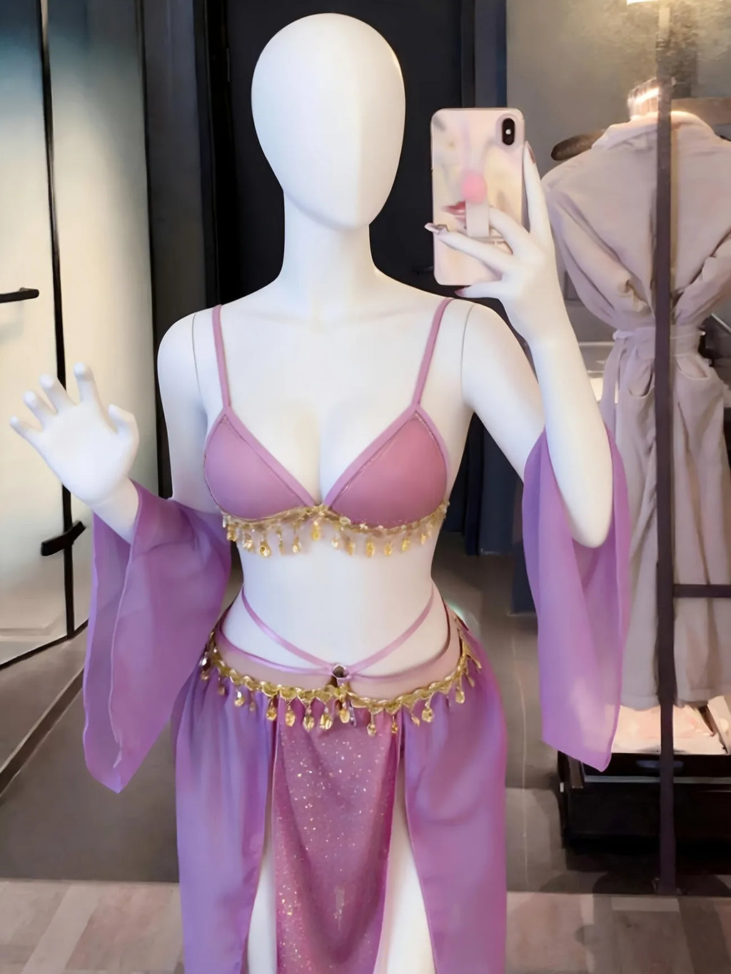Sexy Women's Hanfu Lingerie Set Exotic Ancient Chinese Style Gold Trim Sheer Robe Romantic Nightgown Sleepwear for Couples