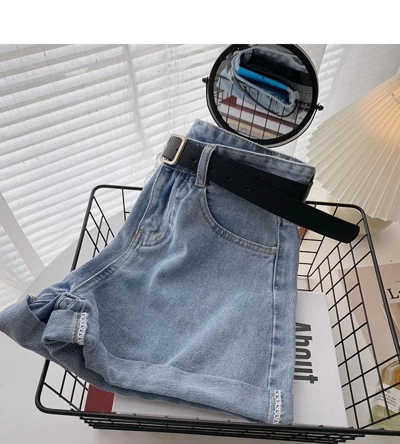 Korean Summer Wide Leg High Waist Denim Shorts With Belt Women Fashion Pocket Hot Pants Streetwear Casual Cowboy Jeans Shorts