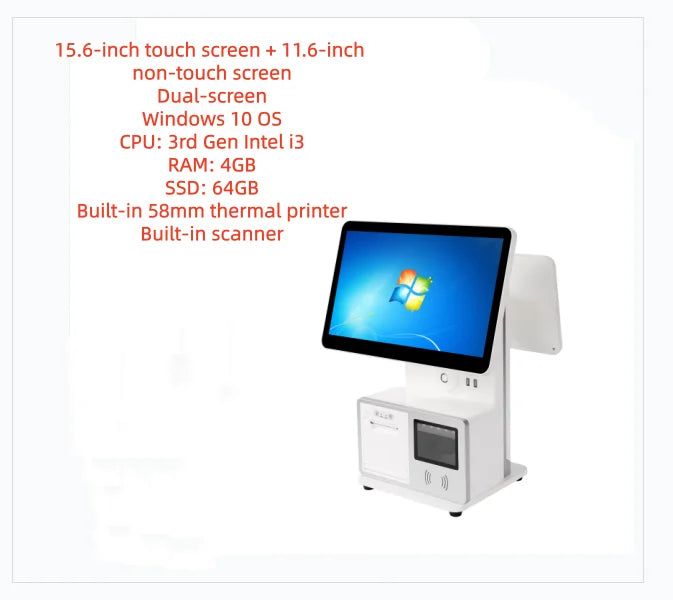 15.6 inch POS Terminal, All-in-One Cash Register POS System The Screen Supports It Can Be Adjusted to Left or Right Orientation