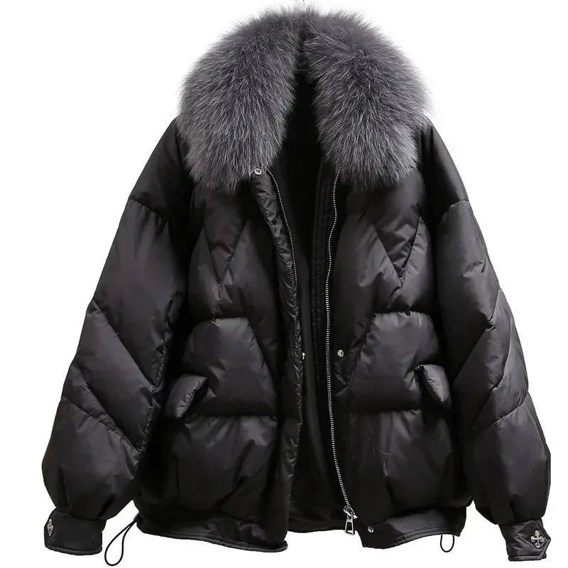2025 Fox Fur Collar Loose Oversize 90% White Duck Down Jacket Women Winter Outwear Coat Short Down Parkas Female