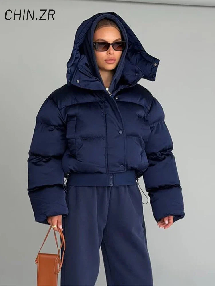 Casual Women's Puffy Cotton Coats Detachable Hood Drawstring Stand Collar Zipper Full Sleeve Coat 2026 Autumn Winter Down Jacket