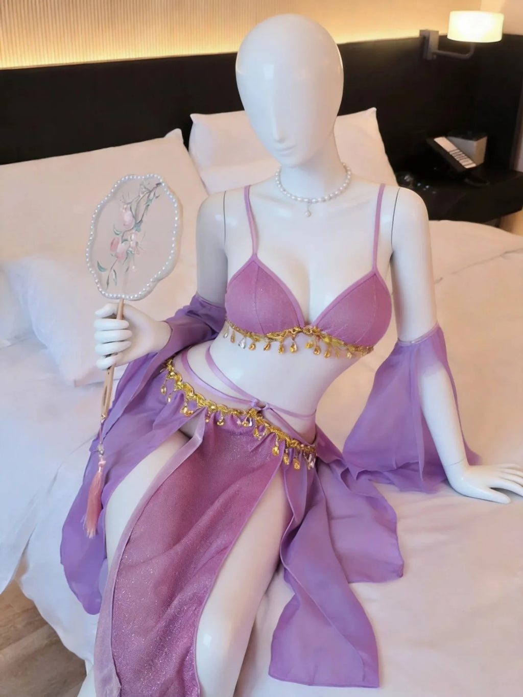 Sexy Women's Hanfu Lingerie Set Exotic Ancient Chinese Style Gold Trim Sheer Robe Romantic Nightgown Sleepwear for Couples