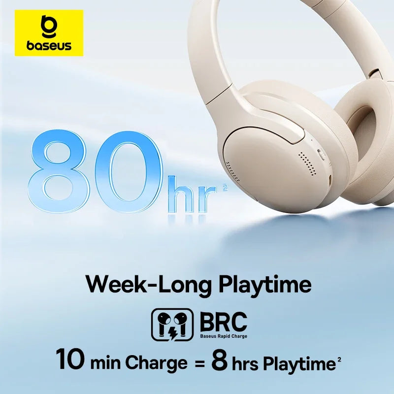Baseus Wireless Headphones Bluetooth 6.0 HIFI Level Earphone 40mm Driver Foldable Over Ear Headsets 80H Playtime Spatial Audio