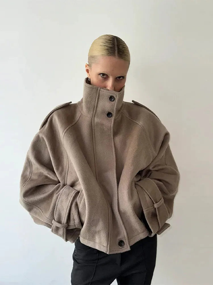 Collarless Belt Jacket Coat Lace-up Minimalism Beige Gentle Short Woolen Overcoat Waist Cinching Women Autumn Winter Overcoat