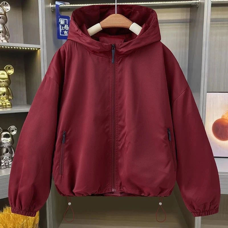 2026 Autumn Women's Coat Hooded Jacket Long Sleeve Zipper Pockets Casual Windbreaker Basic Jackets Outerwear Splicing Hooded E25