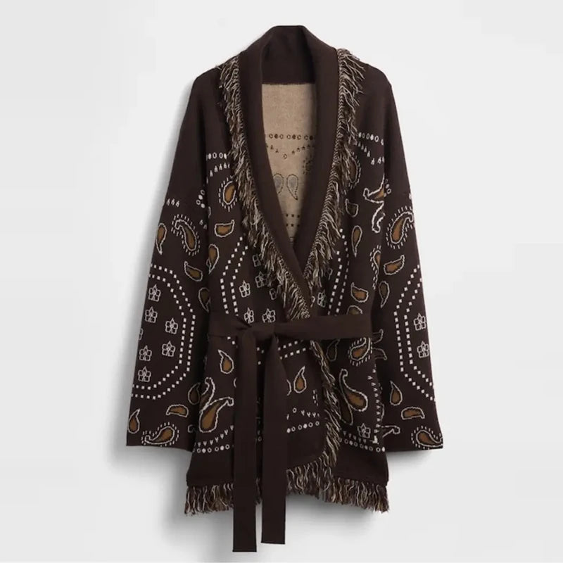 Casual Print Tassel Cardigan Women Elegant Belt V-neck Long Sleeve Knitted Sweaters Female 2026 Autumn Winter Knitwears Lady