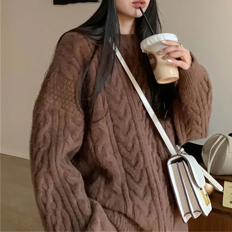 Autumn Winter Thicken Warm Pullover Sweater Women Vintage Loose Twist Knitted Jumper Woman All-Match O-Neck Long Sleeve Pullover