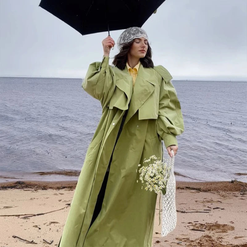 Women Green Oversized Belt Overcoat Elegant Long Sleeve Pleated Lapel Lace Up Windbreaker Autumn Lady Daily Street Outerwears