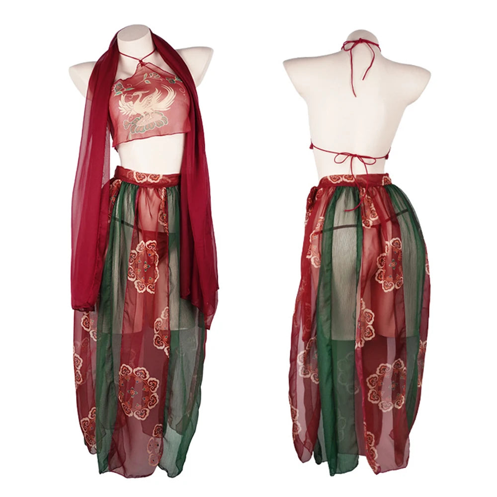 Chinese Ancient Costume Dunhuang Style Red Sexy Hanfu Women's Dance Dress Maid Uniform Bandage Bellyband Gauze Skirt Shawl Sets