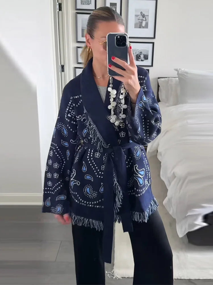 Casual Print Tassel Cardigan Women Elegant Belt V-neck Long Sleeve Knitted Sweaters Female 2026 Autumn Winter Knitwears Lady