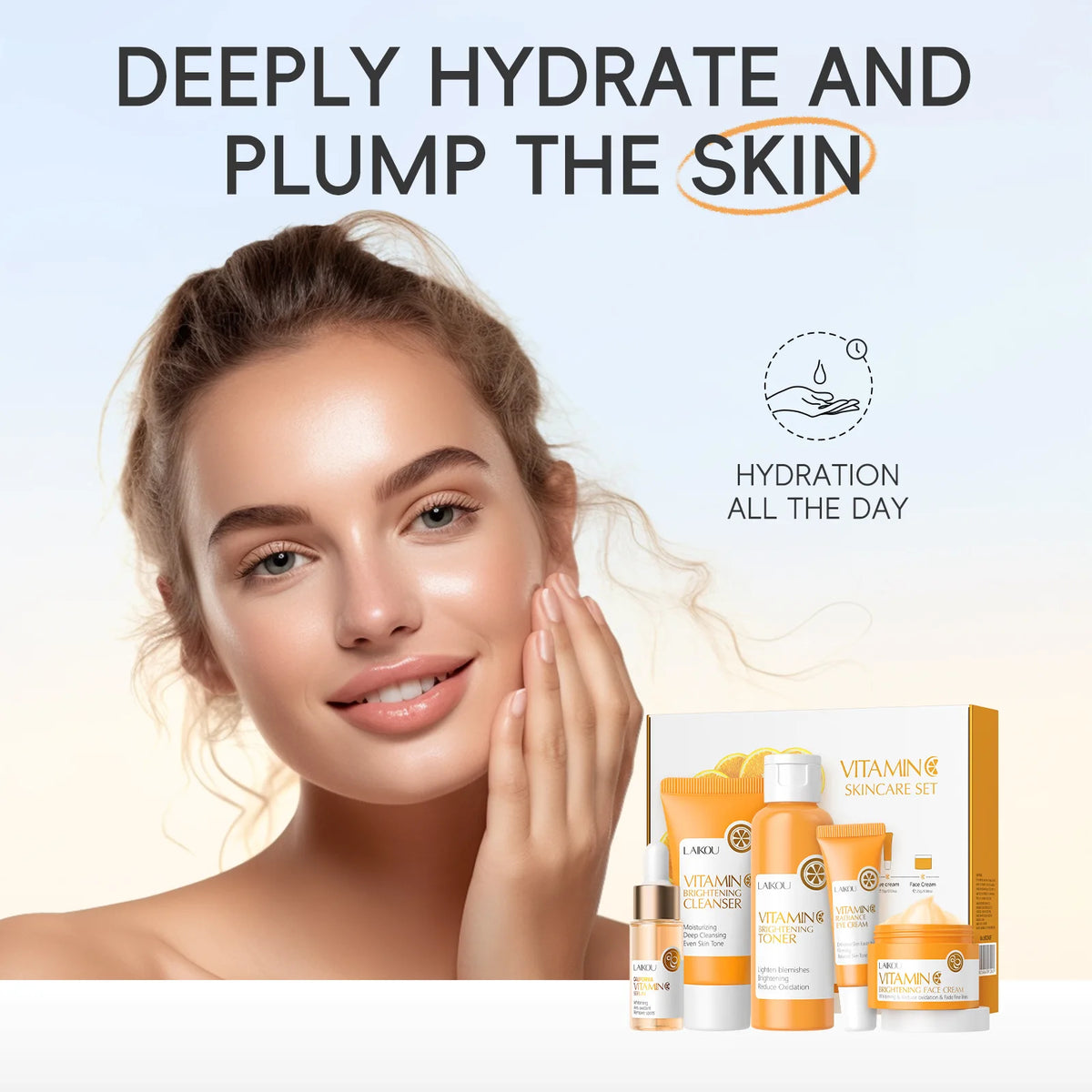 Vitamin C Skincare Set 5pcs(Cleanser-Toner-Serum-Eye Serum-Face Cream) + Natural Antioxidant Ingredients, Nourish Even Skin Tone