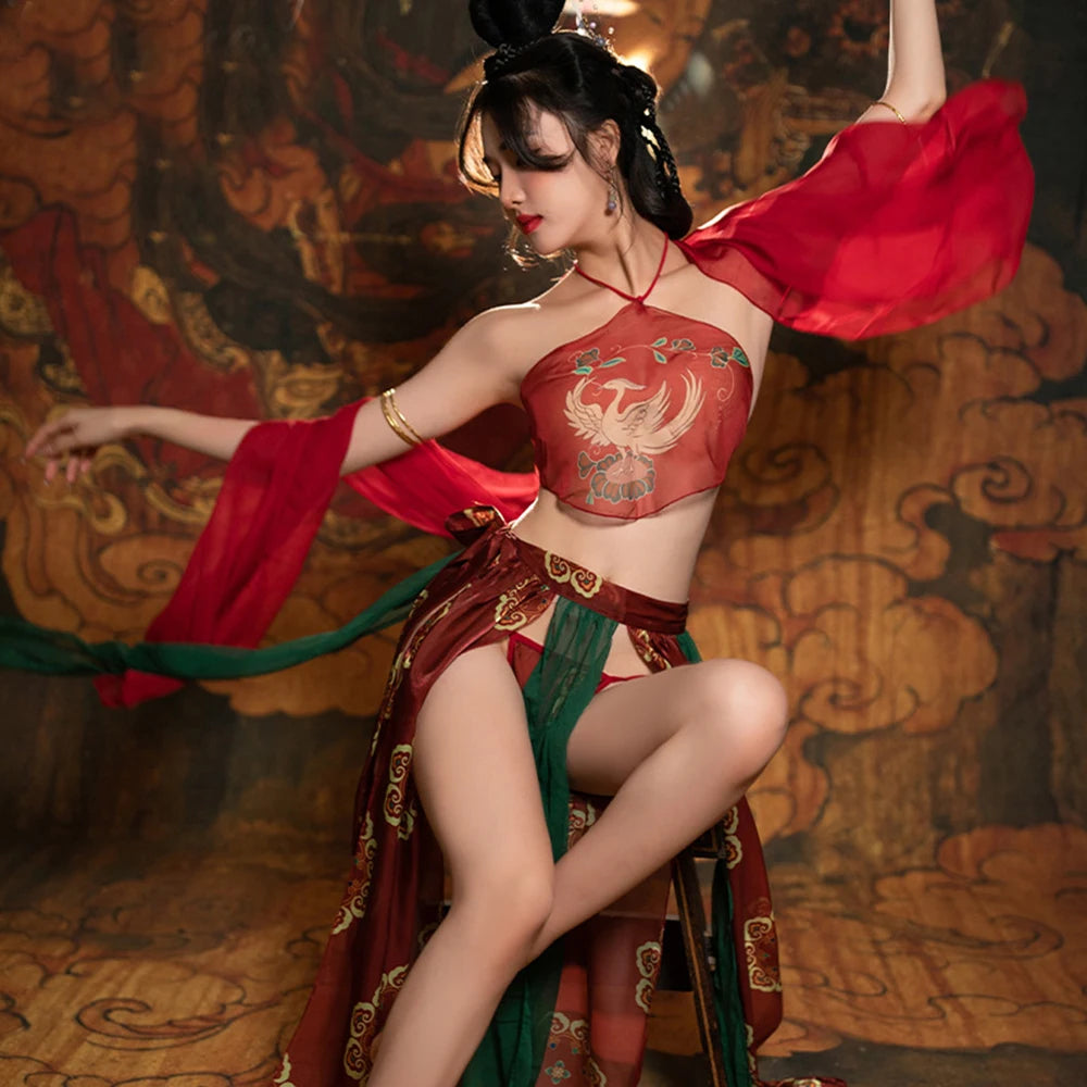 Chinese Ancient Costume Dunhuang Style Red Sexy Hanfu Women's Dance Dress Maid Uniform Bandage Bellyband Gauze Skirt Shawl Sets