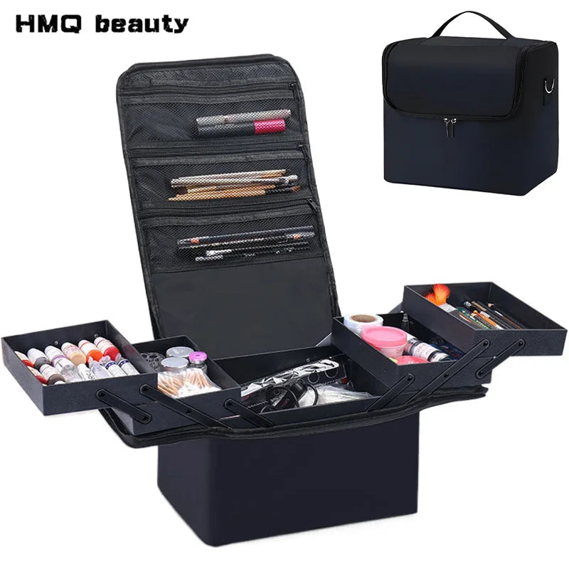Large Capacity Makeup Train Case Foldable Multi-layer Adjustable Trays Manicurist Box Portable Cosmetic Storage Nail Organizer