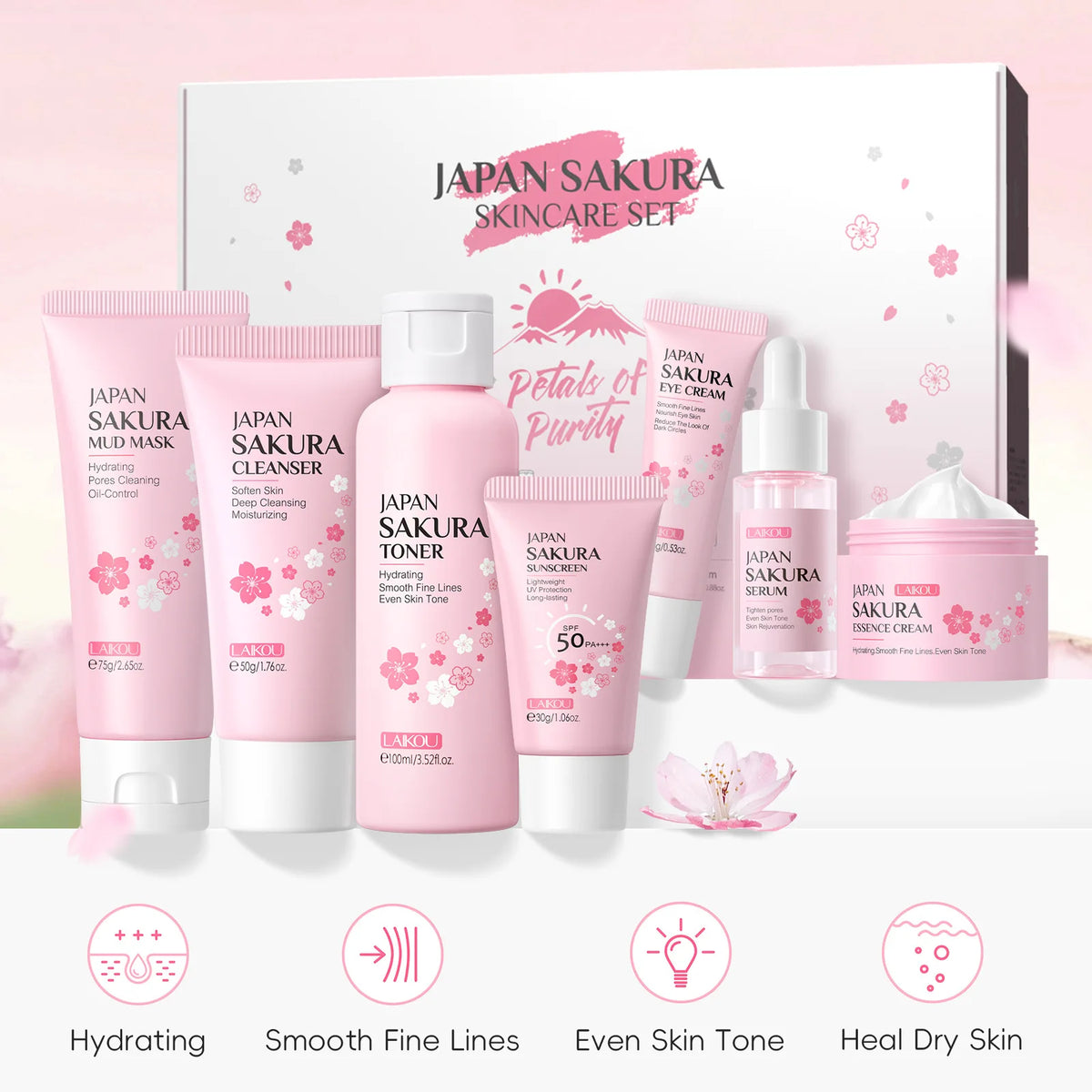 Korean Sakura Skincare Set Hydration Moisturize Cleanse Pores Sunscreen Protection Cosmetic Beauty