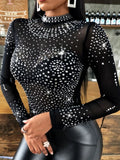 Top Women 2024 Summer Sexy Perspective Rhinestone Hollow Out Casual Solid Color Round Neck Long Sleeved Skinny Daily Top