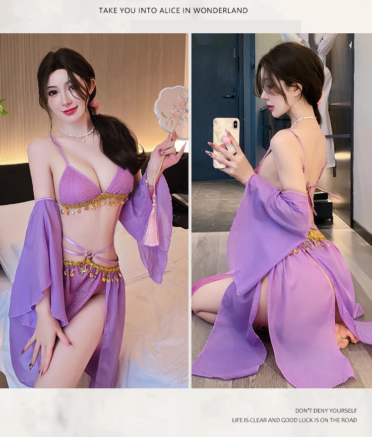 Sexy Women's Hanfu Lingerie Set Exotic Ancient Chinese Style Gold Trim Sheer Robe Romantic Nightgown Sleepwear for Couples