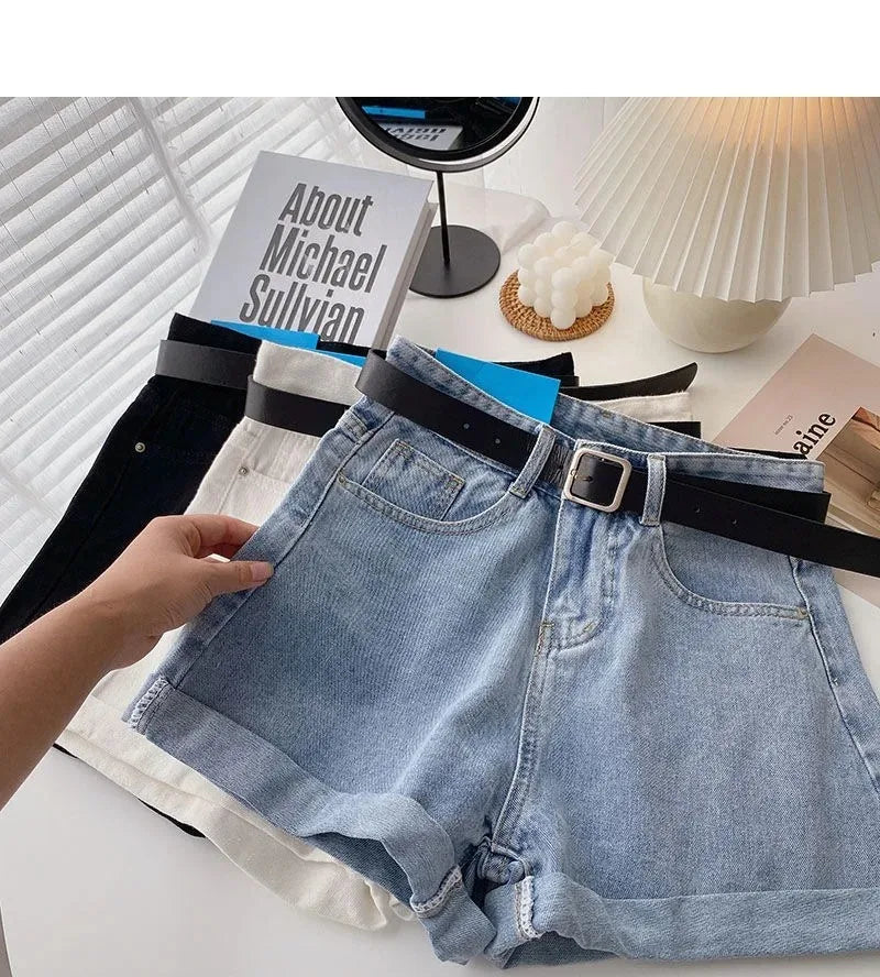 Korean Summer Wide Leg High Waist Denim Shorts With Belt Women Fashion Pocket Hot Pants Streetwear Casual Cowboy Jeans Shorts