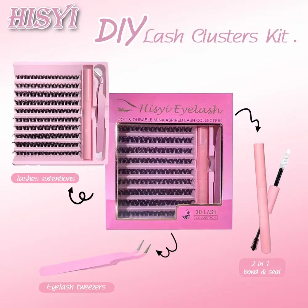 3D 190 PCS Cluster Lashes Kit – Lash Bond and Seal, Makeup Tools,DIY Lash Extension Set with Glue Accessories and Eyelash Curler