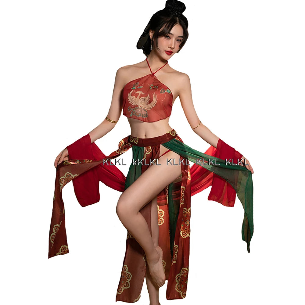 Chinese Ancient Costume Dunhuang Style Red Sexy Hanfu Women's Dance Dress Maid Uniform Bandage Bellyband Gauze Skirt Shawl Sets
