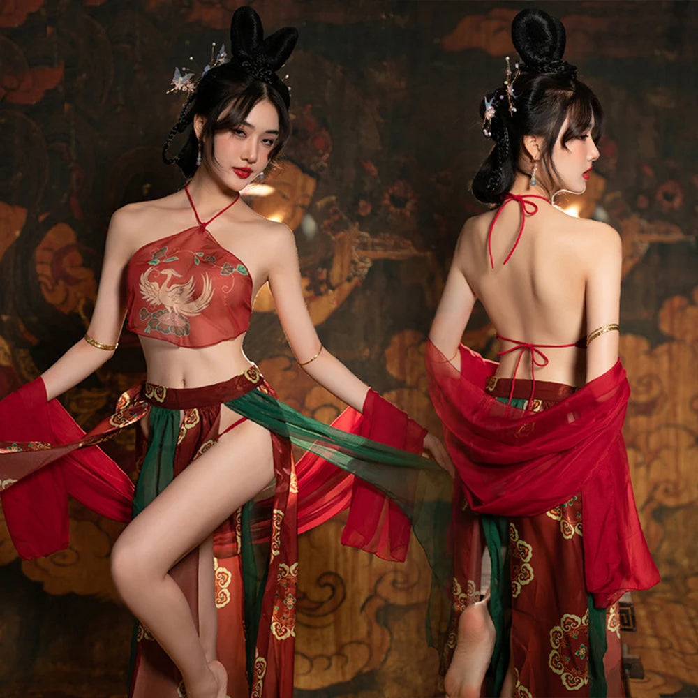 Chinese Ancient Costume Dunhuang Style Red Sexy Hanfu Women's Dance Dress Maid Uniform Bandage Bellyband Gauze Skirt Shawl Sets