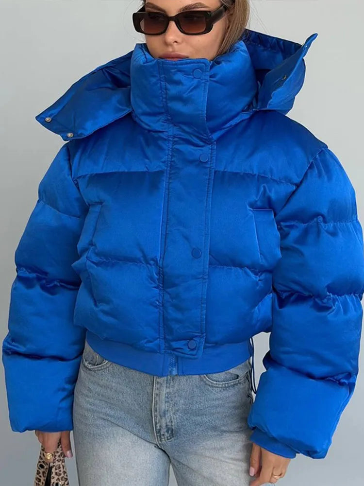 Casual Women's Puffy Cotton Coats Detachable Hood Drawstring Stand Collar Zipper Full Sleeve Coat 2026 Autumn Winter Down Jacket