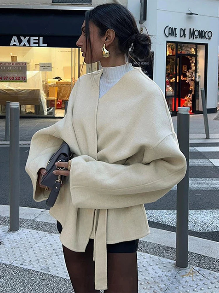 Collarless Belt Jacket Coat Lace-up Minimalism Beige Gentle Short Woolen Overcoat Waist Cinching Women Autumn Winter Overcoat